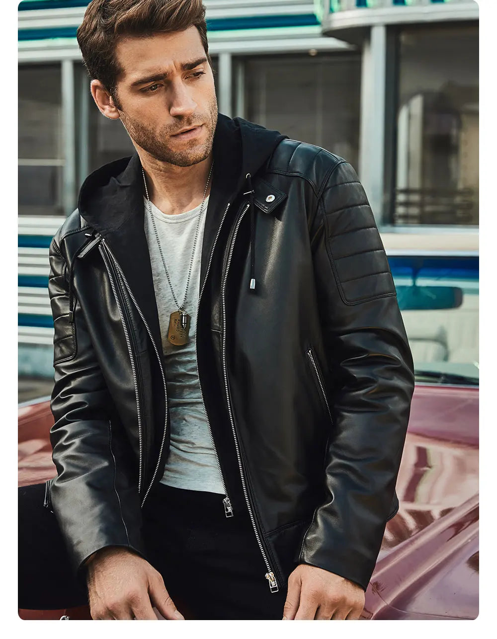 FLAVOR Men's Leather Motorcycle Jacket Black Sheepskin Real Leather Jacket With Removable Hood