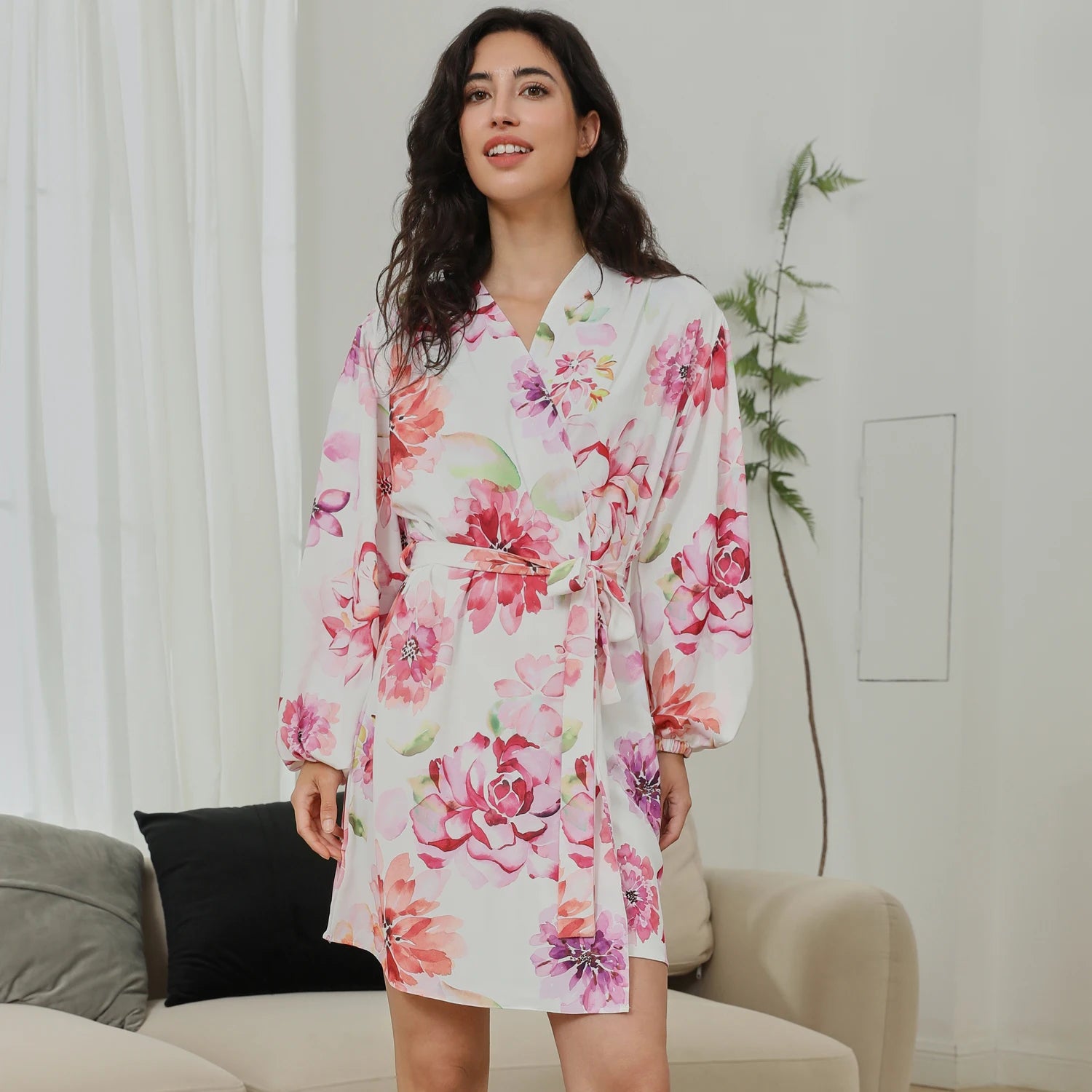 FUNG 8008 Bridal Prep Floral Satin Robe, Puff Sleeve Cooling Loungewear for Bridesmaids