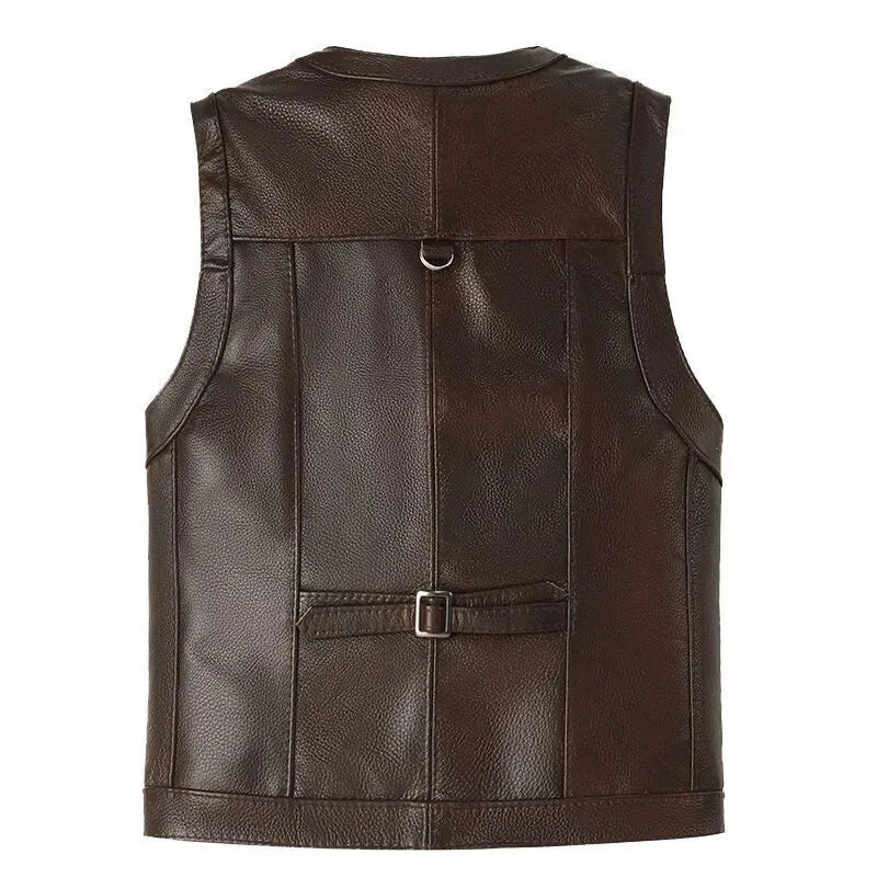 Spot Wholesale High Quality First Layer Cowhide Multi-pocket Tactical Sleeveless Jacket Knight Street Retro Motorcycle Vest Men