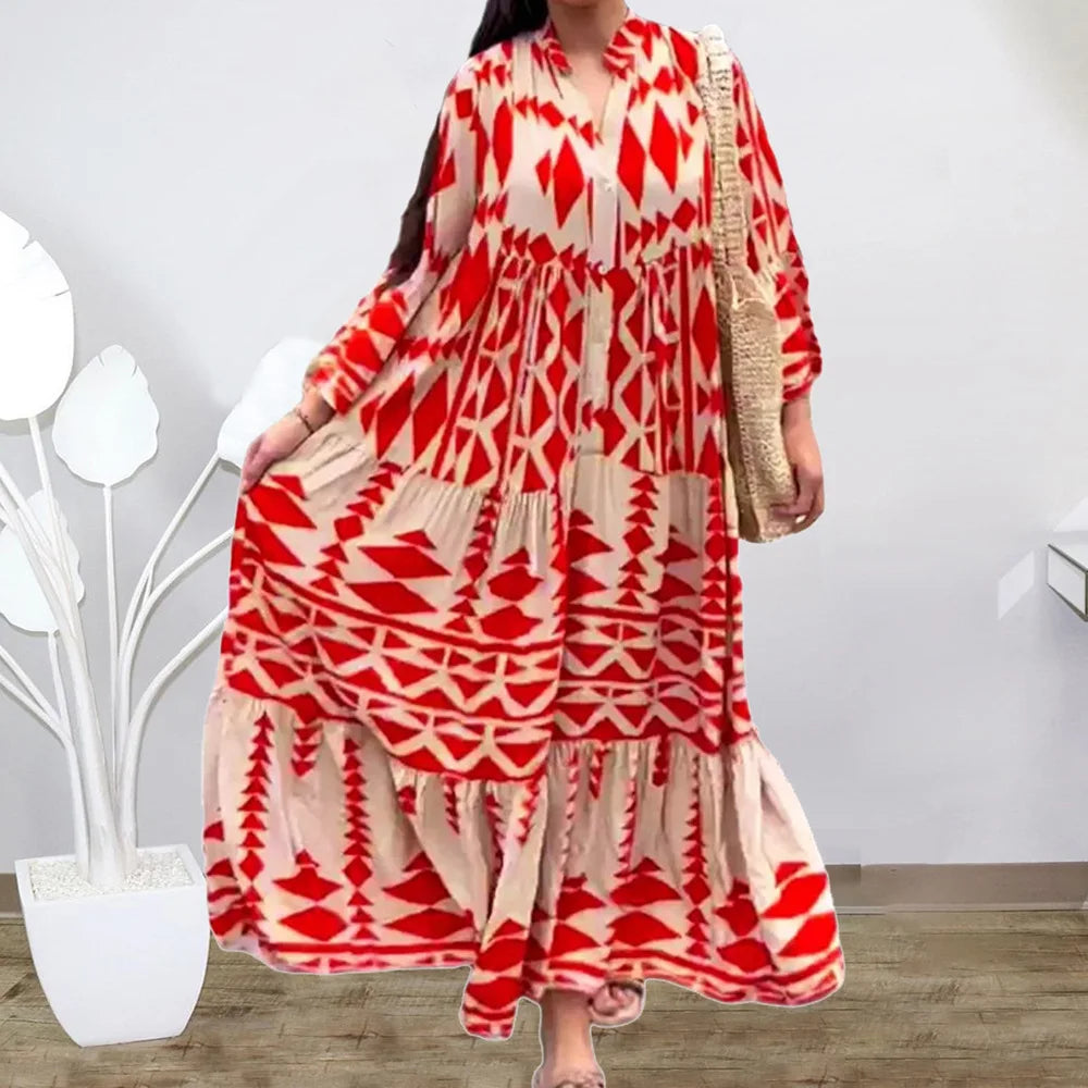 Summer New Women'S Wear V-Neck Maxi Long Dress Vintage Printed Pattern High Waist Long Dress