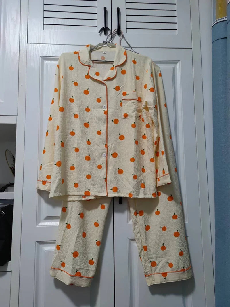 Kawaii Cotton Home Suit Korean Sleepwear Orange Print Pajamas Women Autumn Pijama Pyjamas Long Sleeve Pants 2piece Set Nightwear