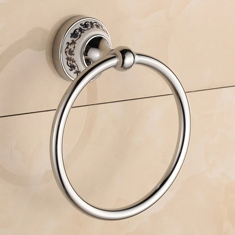 European Antique Blue and White Porcelain Chrome Finish Bathroom Hardware Set Silver&Crystal Towel Rack Bar Hook Basket Rack 5