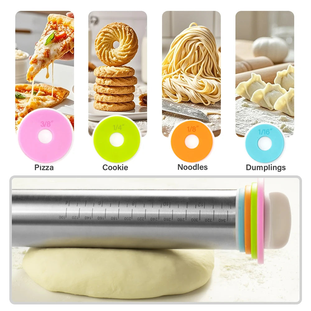 17 Inch Adjustable Thickness Rings 430 Stainless Steel Rolling Pin Baking Dough Pizza Pies Pastries Pasta Cookies Rolling Pins