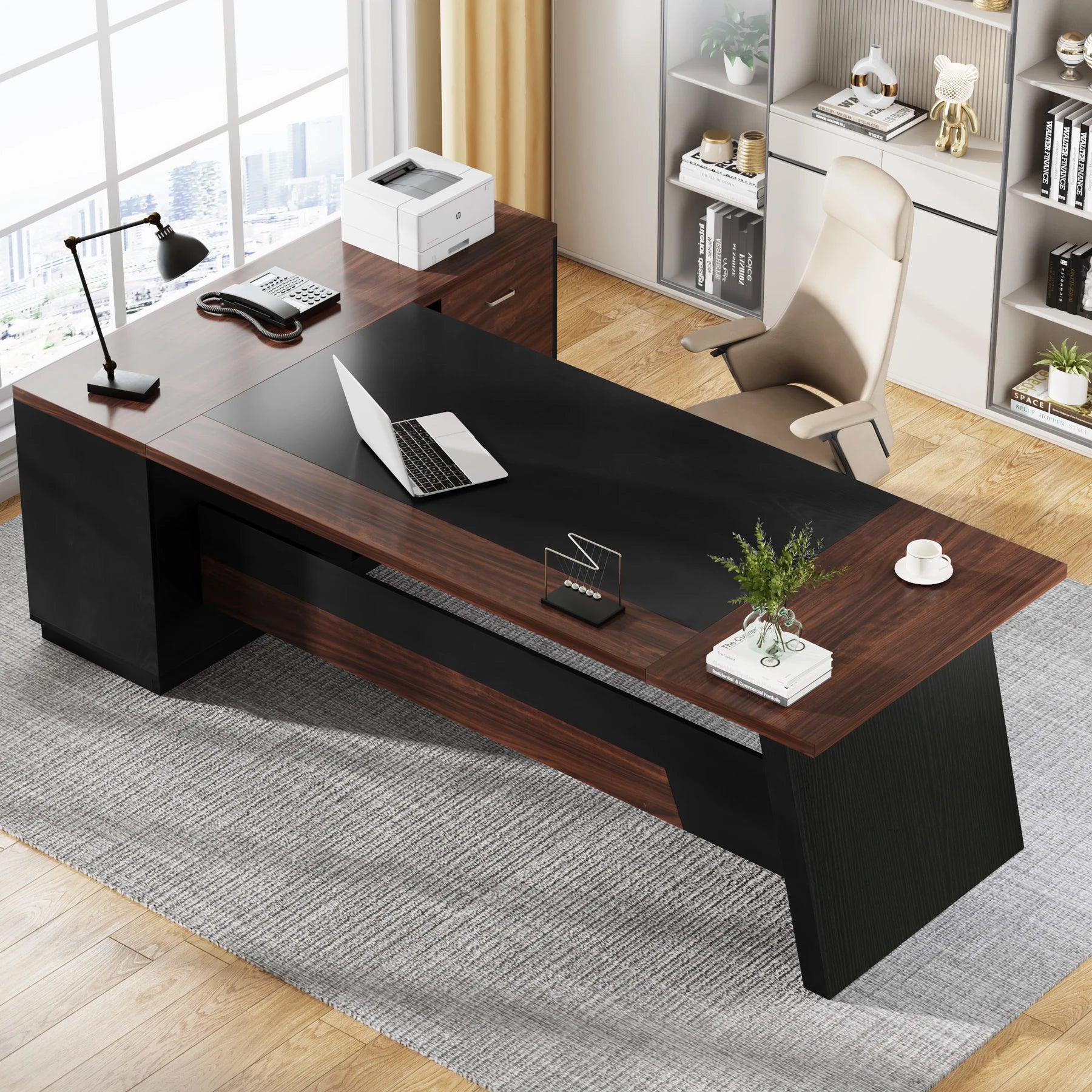 L-Shaped Executive Desk, 78" Modern Office Desk with Drawers and Lateral File Cabinet, Large Computer Desk with Storage Shelve