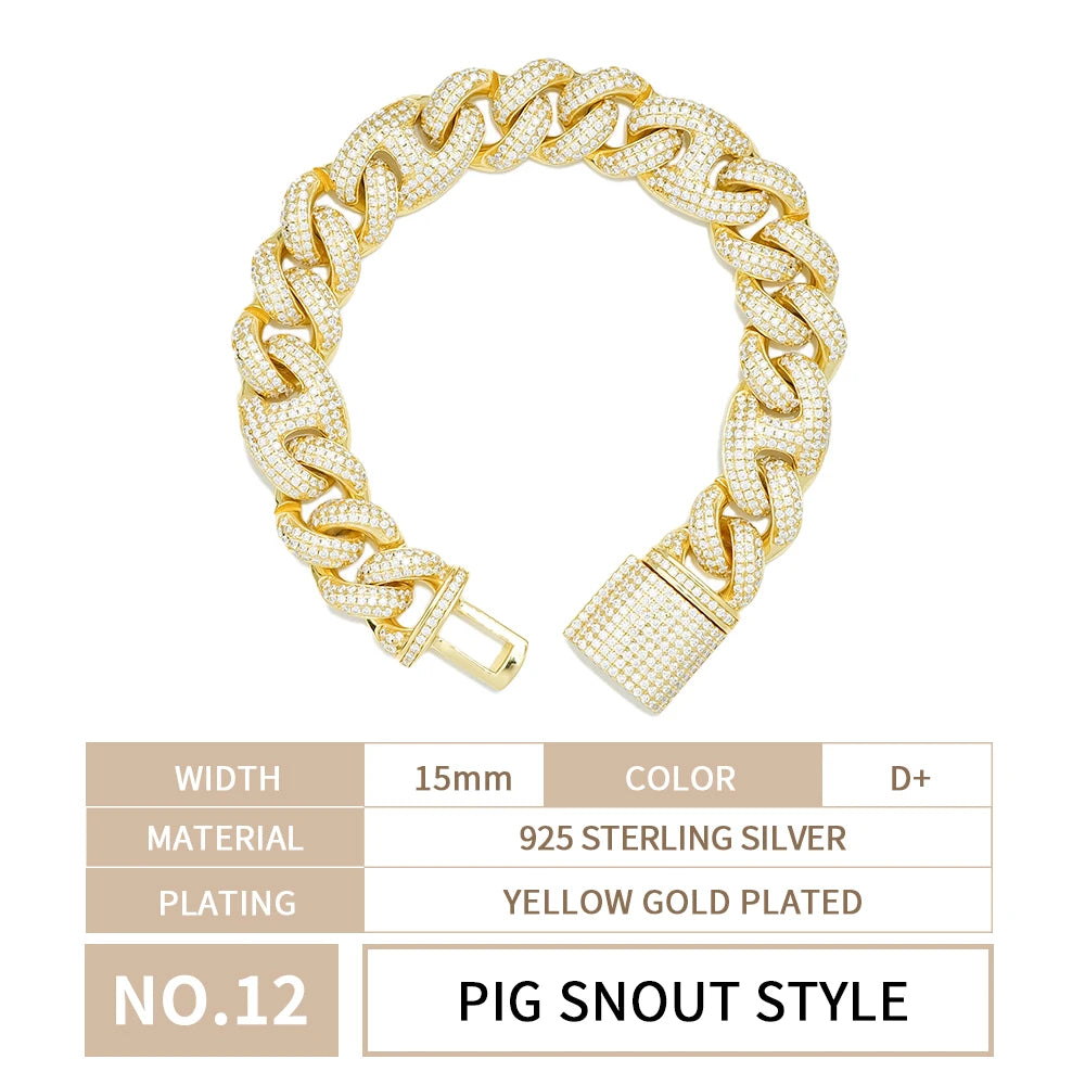 Custom Luxury 12 16 20 mm Full Iced Out Hiphop Moissanite Diamond Miami Silver Cuban Link Chain Bracelet in Silver 925 for Men