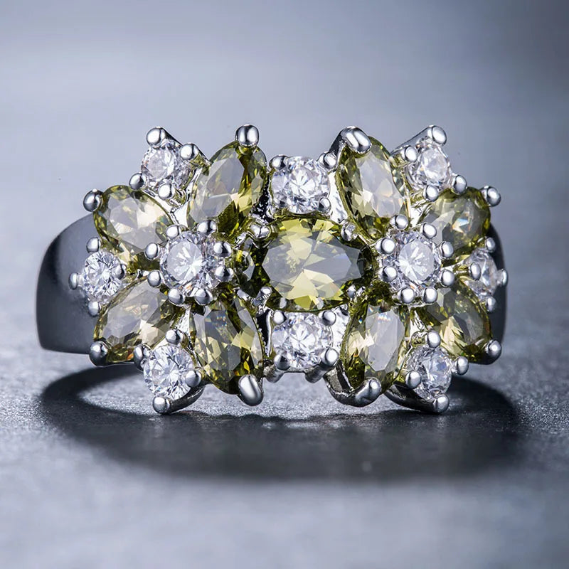 A038 Flower Cluster Ring Women's Lab Created Cubic Zirconia Oval Prong Setting Party Fashion Rings