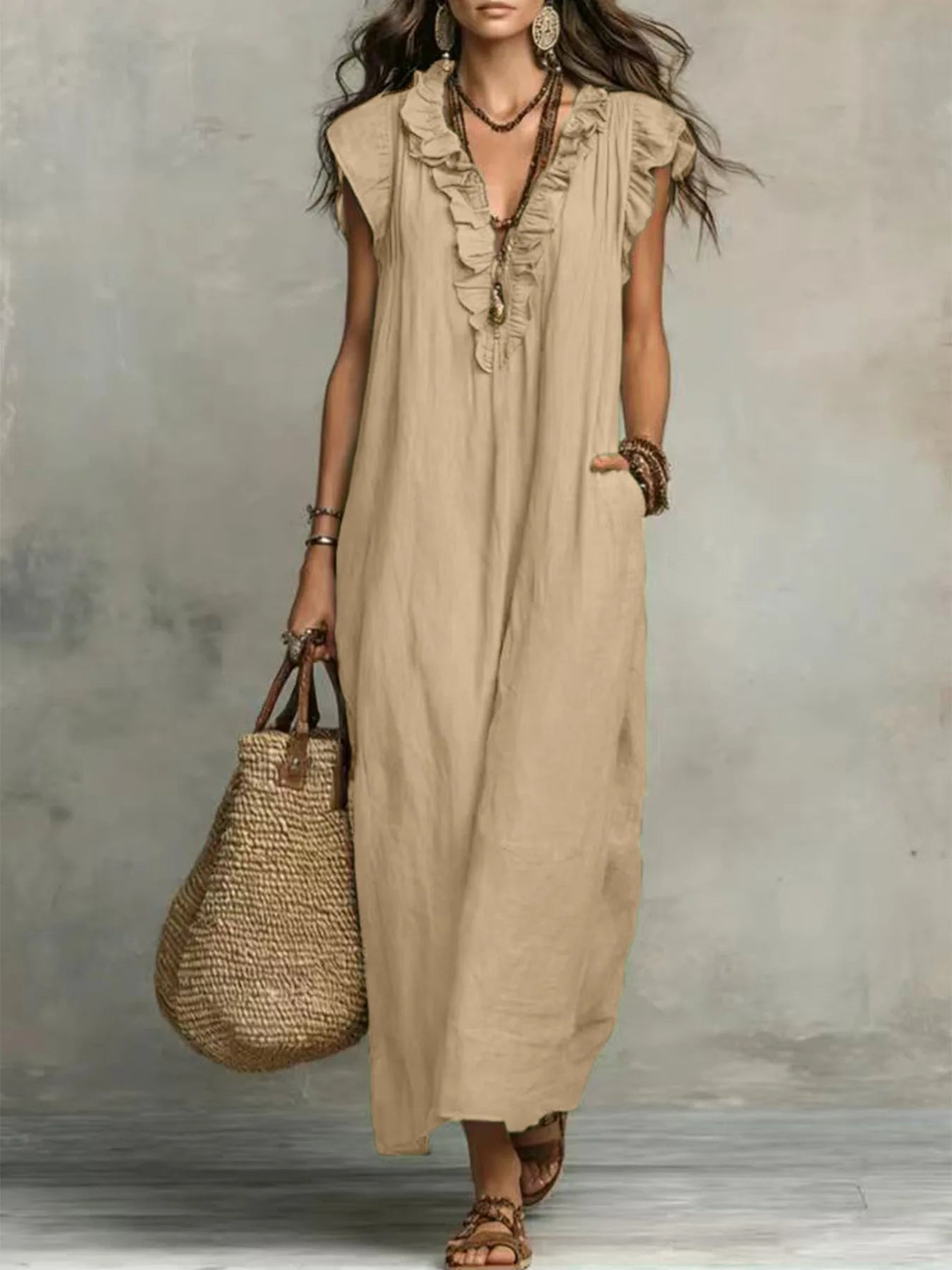 Bohemian Style Ruffle Trim Maxi Dress Women Casual Loose Summer Linen Dress