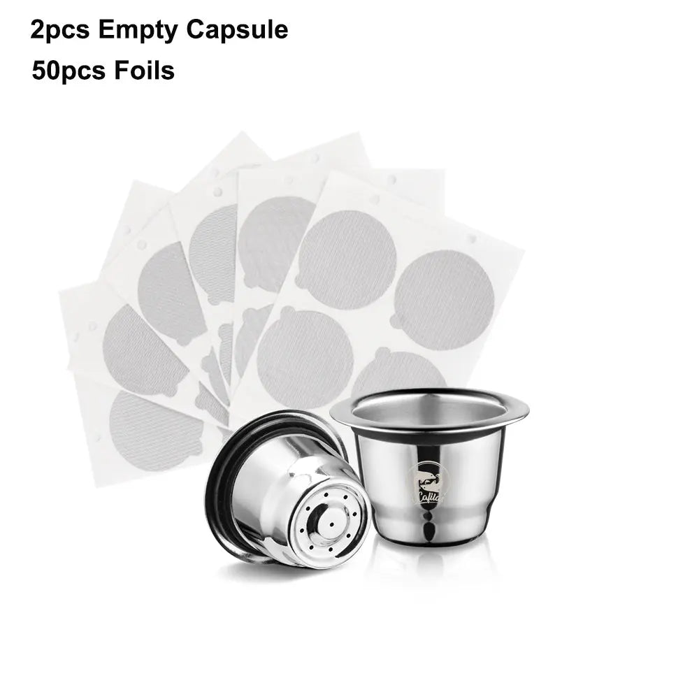 Icafilar Reusable Coffee Capsule Pod for Nespresso Stainless Steel Espresso Crema Coffee Filter Aluminum Foils Lid Tamper Dosing
