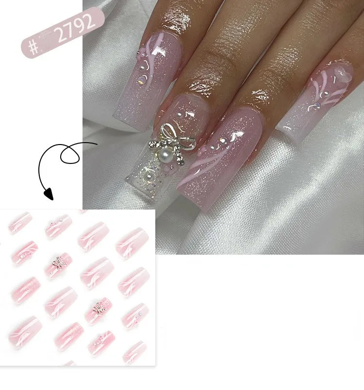 Dropshipping 24 Pcs French Style Romantic Art Acrylic Press on Nails Artificial Fingernails Candy False Nails Dating  Party 2792