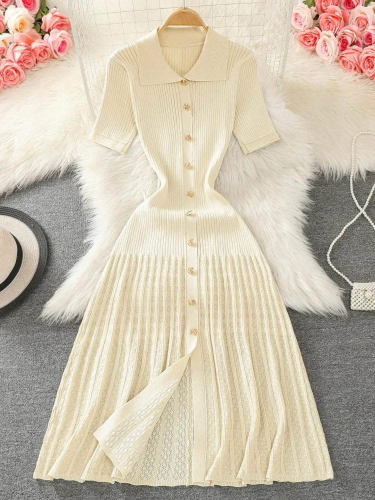 Button Lapel Slim Fit Knitted Short Sleeve Collar Wholesale Sweater Rib Slim Ruffles Polo Casual Elegant Long Dress Women