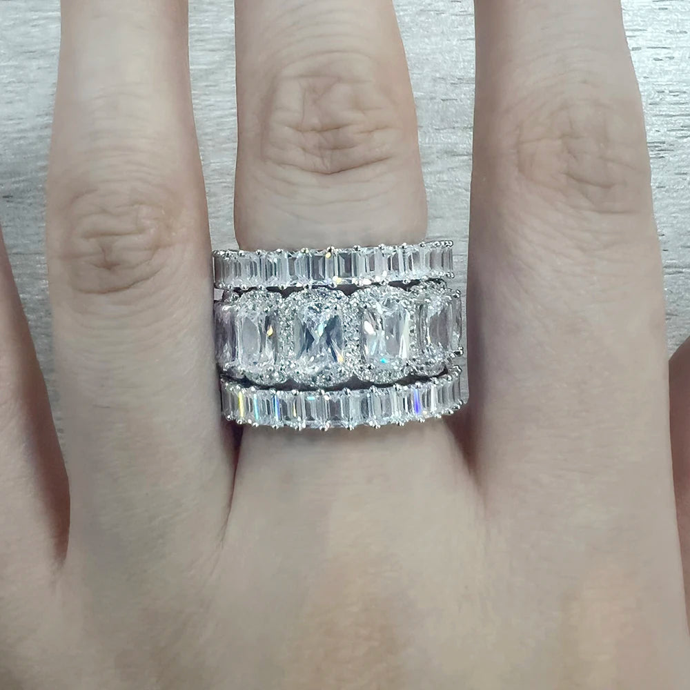 Women's Gorgeous Sparkling Full Cubic Zircon Eternity Band Rings S925 Sterling Silver Full Fine Aperture Combination Set Ring