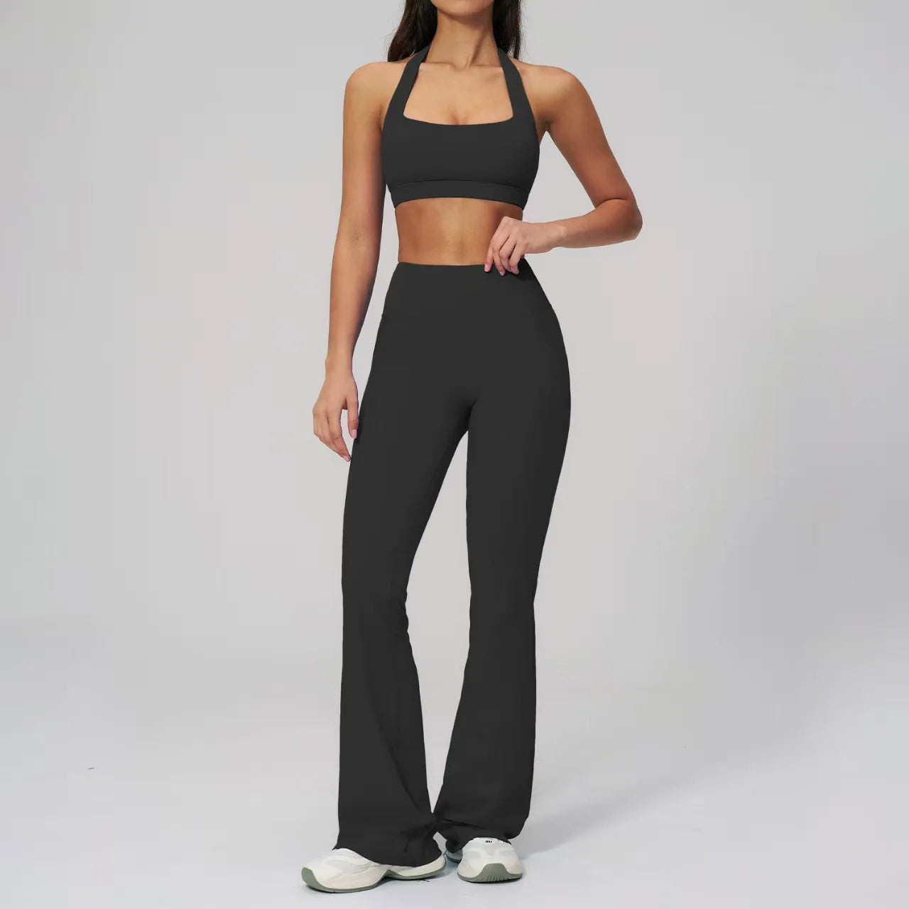 Hot Selling New Luxury 2-piece Set Soft Halter Neck Yoga Set, High Waist Bootcut Flare Pants with Padded Sports Bra for Women