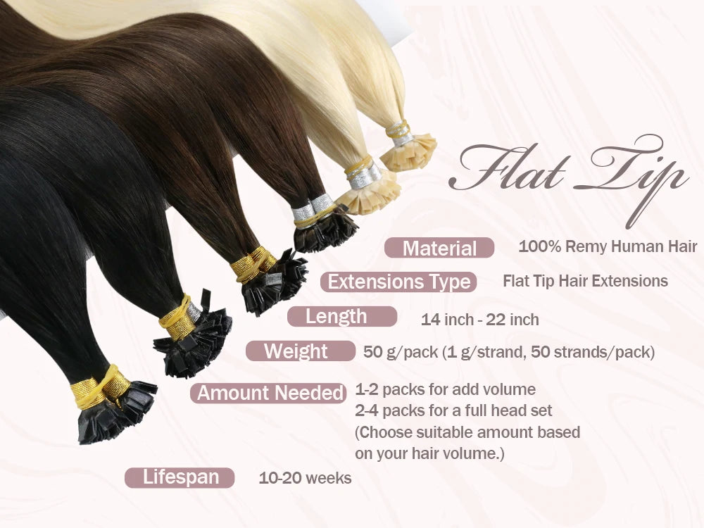 Ugeat Flat Tip Hair Extensions 14-24" Natural Straight Flat Tip Keratin Hair Extension 50/100g Remy Pre Bonded Hair Extensions