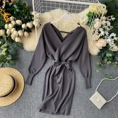 Autumn Winter Women Knitted Sweater Dress Korean Long Batwing Sleeve V Neck Elegant Dress Ladies Bandage Dresses