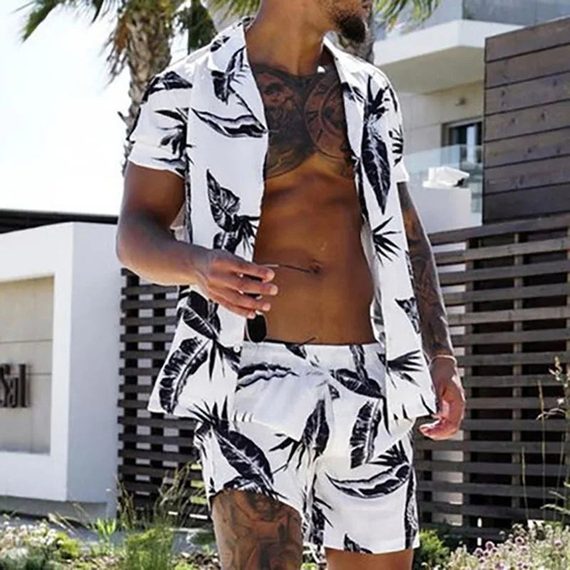 New Men Sets Print Patchwork Lapel Short Sleeve Casual Shirt Beach Shorts Summer Men Streetwear Vacation Hawaiian Suits