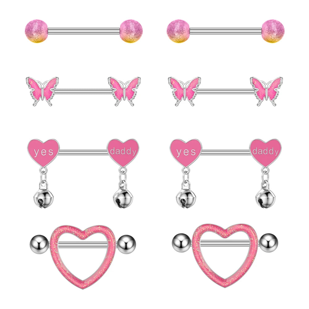 4-Pair Set Personalized Pink Oiled Heart-Shaped Bell Stainless Steel Nipple Rings Wedding Chest Piercing Jewelry Gift for Women