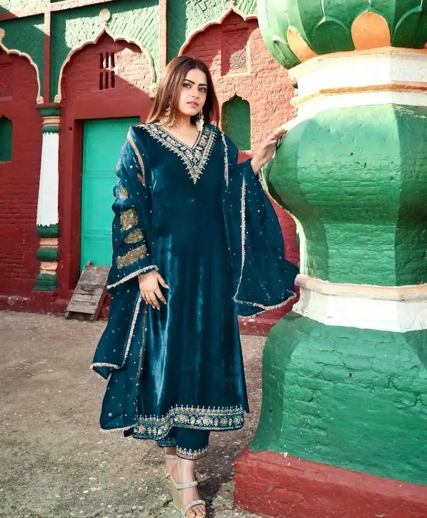 Viscose Velvet With Embroidery Sequence Work Suit Viscose Velvet Sequence Embroidered Work Top and Bottom With Dupatta