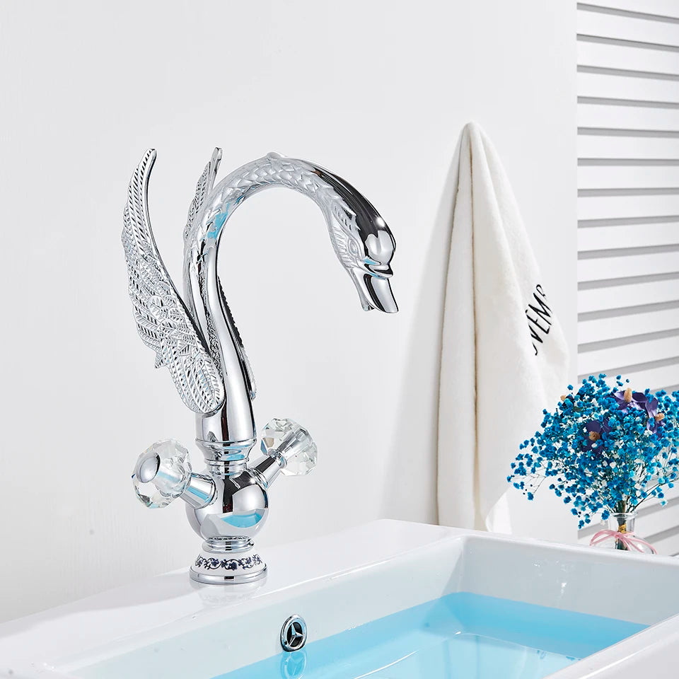 Luxury Gold Swan Basin Faucet Deck Mounted Bathroom Faucet Hot and Cold Water Mixer Tap Bath Water Faucet Basin Sink Taps