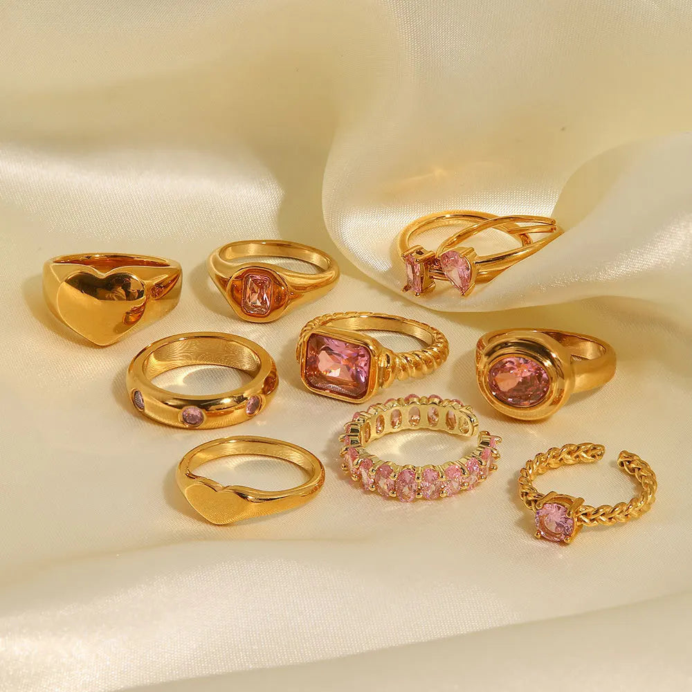 RFJEWEL Shiny Stainless Steel Gold Plated Rings with CZ Stones Adjustable Rings Pink Stone Simple Rings