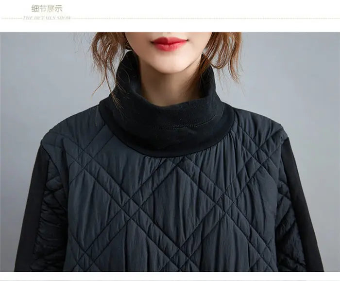 Retro Quilted Diamond Dress Thick Stitching Warm Autumn Winter Clothing New Women's High-Neck Casual Long Tunic y750