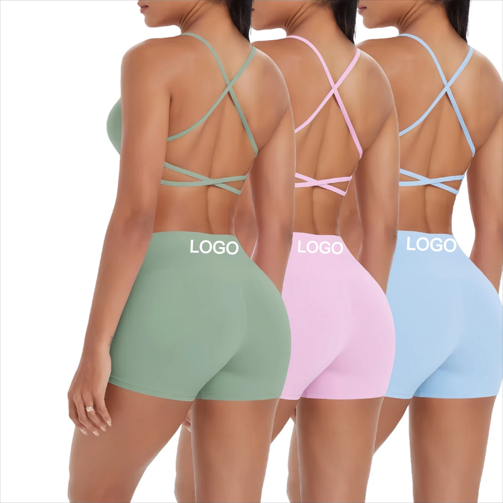 Support Custom Logo New Sports Bra Set Women Cross Back Padded Bra High Waist Butt Lifting Shorts Yoga Gym Running Activewear