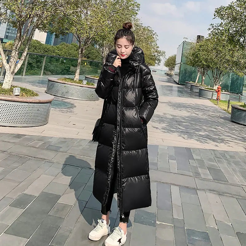 2026 New Thicken Snow Parkas Fashion Windproof Glossy Down Cotton Hooded Women Jacket Winter Loose Long Coat 4XL Ladies Outwear