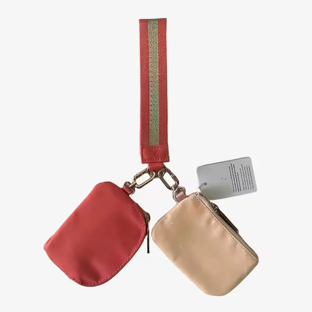 Light Weight Nylon Zipper Dual Pouch Portable Business Wristlet Hanging Keychain Bag in USA Overseas Warehouse