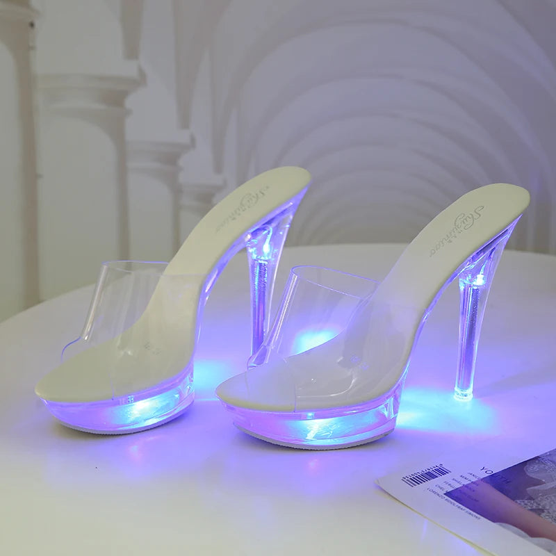Fashion Summer Led Lights Sandals Women Clear Transparent Party Thin High Heels Platform Shoes Female Luminous Slippers WS308