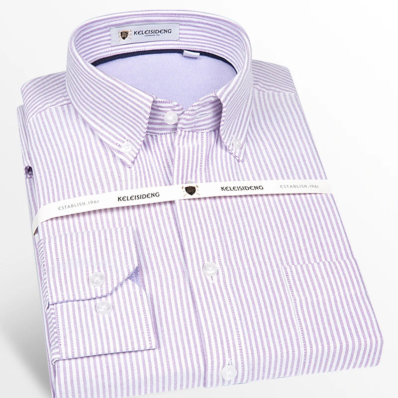 Men's Long Sleeve Thick Cotton Oxford Shirts with Front Pocket High Quality Smart Casual Stripe Plaid Button Down Dress Shirt