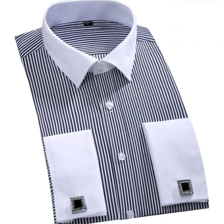 Fashion Mens French Cuff Dress Shirt New Long Sleeve Formal Business Buttons Shirts Regular Fit Cufflinks Wedding Tuxedo Shirt