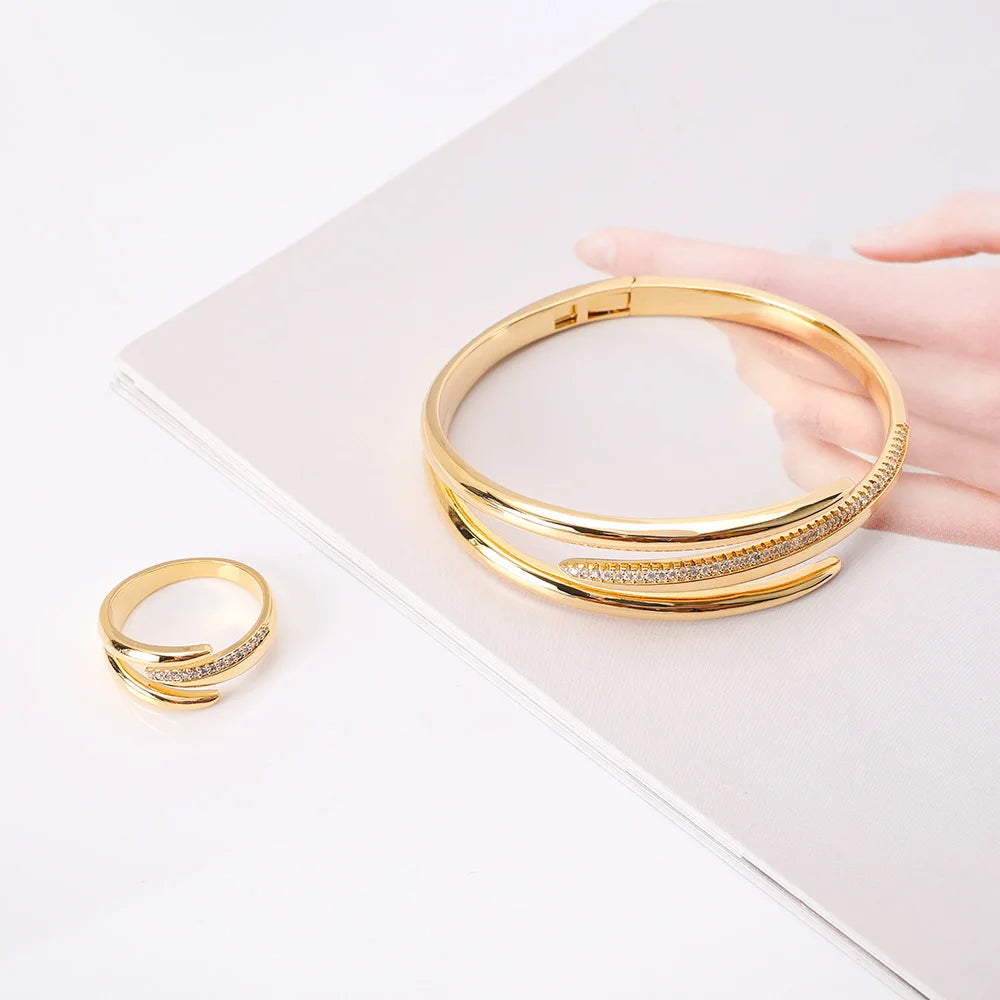 011857 Women Fashion Bracelet Ring Sets Cubic Zircon Bangle Rings Set for Women Cuff Design Jewelry Set for Party Daily Life