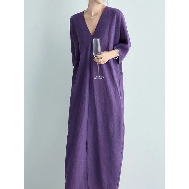 2026 New Summer Wholesale V-Neck Cotton Linen Maxi Dress French Chic Elegant Loose Short Sleeve Straight Gown