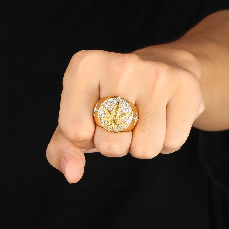 Men's Ring HIP Hop Iced Out Bling Gold Stainless Steel Micro Paved Rhinestone Maple Leaf Rings Cross Diamond Ring