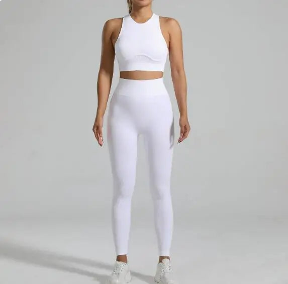 JAC22 XG7138 Women's Seamless Running Fitness Threaded Tank Top Pants Yoga Set