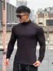 S-3XL Striped Versatile Men's Half High Neck Long Sleeve Sweater Mid Neck Slim Knit Bottom Shirt