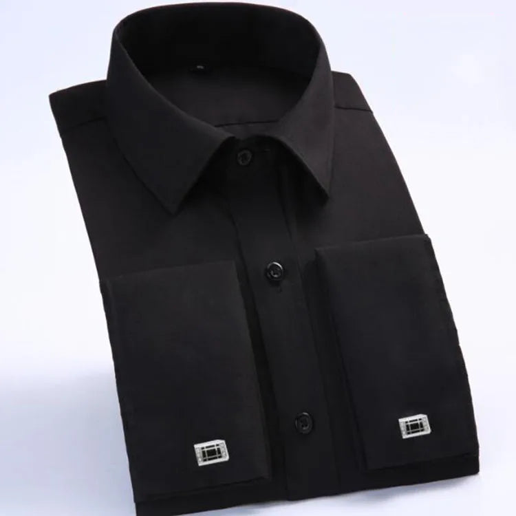 Fashion Mens French Cuff Dress Shirt New Long Sleeve Formal Business Buttons Shirts Regular Fit Cufflinks Wedding Tuxedo Shirt