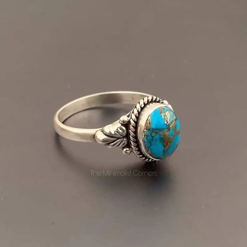 925 Sterling Silver Blue Turquoise Ring Unisex Classic Bezel Set Rhodium Plated Wedding & Party Jewelry Best Price Wholesale
