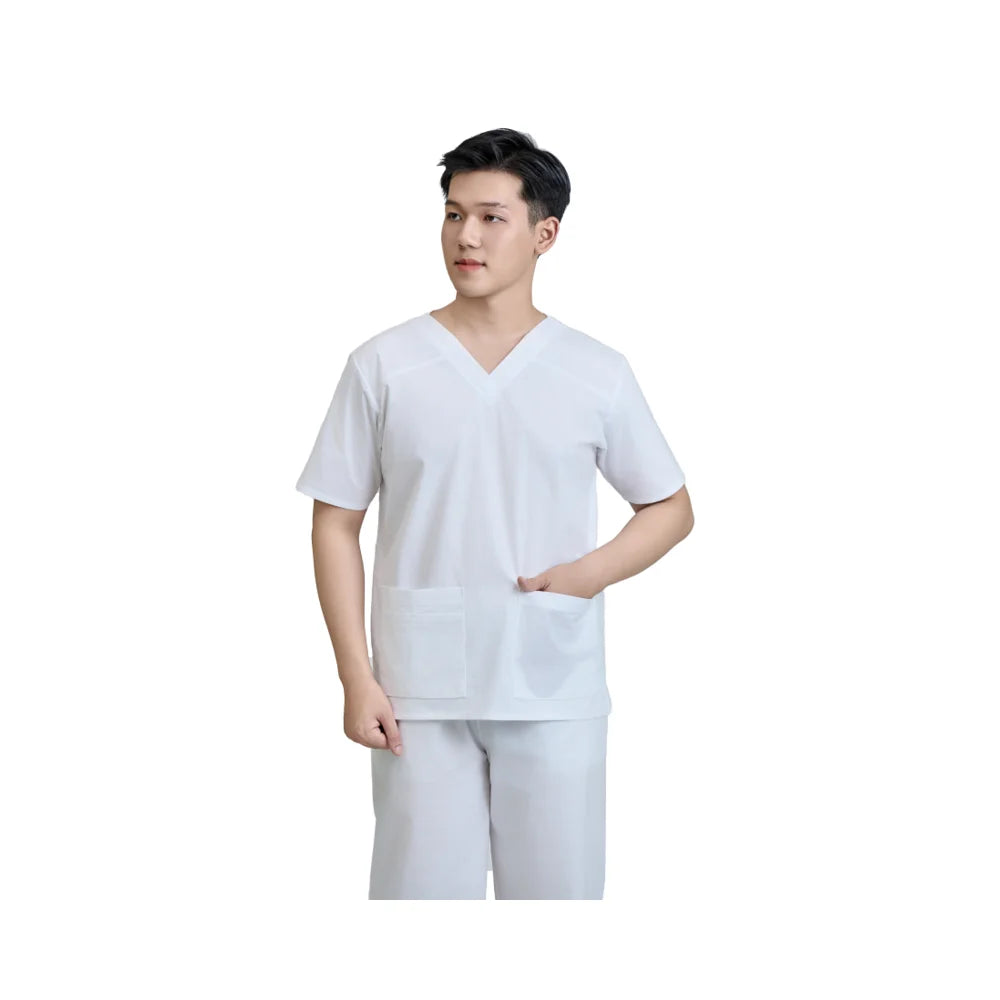 Unisex Medical Scrub White Set Fabric Needle Detection 52 Cotton 45 Polyester 3 Spandex WFX CVC FMF Vietnamese OEM