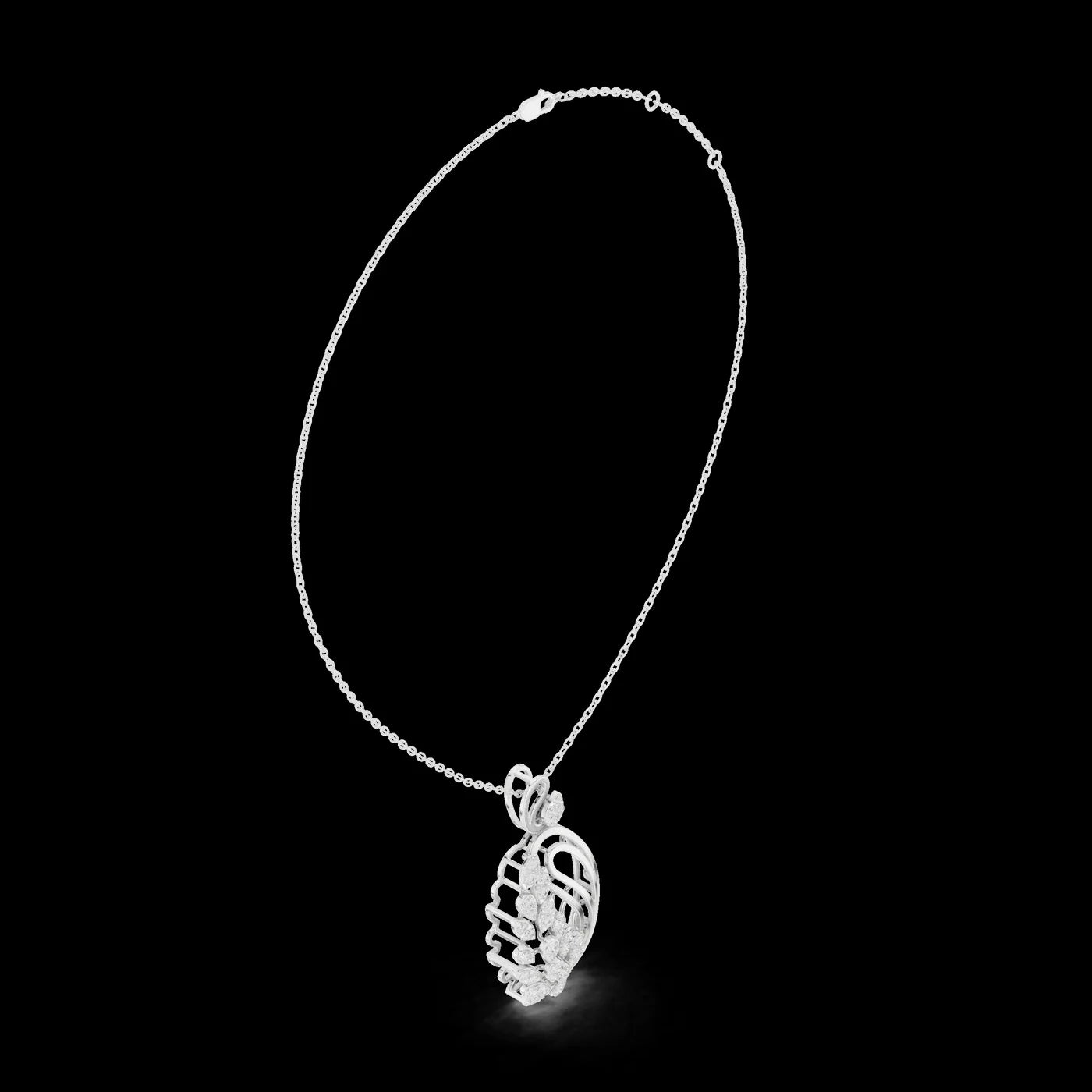 Sterling Silver Paisley Leaf Diamond Pendant Necklace with Link Chain Sparkling Elegant Nature Inspired Jewelry for Women