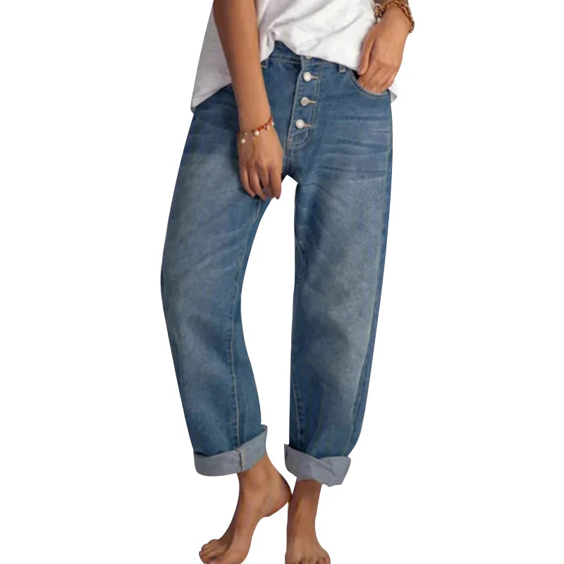 Women's Jeans Fashion Retro High Waist Wide Leg Loose Straight Pants Large Size Simple and Thin Workwear Boyfriend Jeans