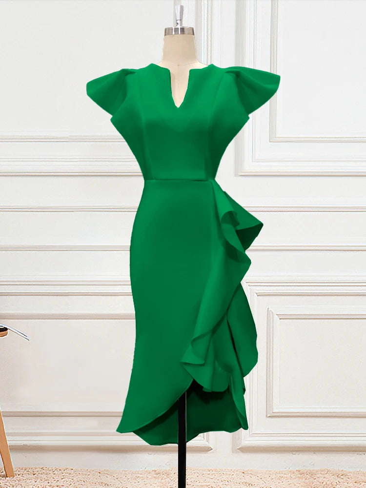 A80081 Manufacturer High Waisted Cap Sleeve Ruffles Midi Evening Dress Women