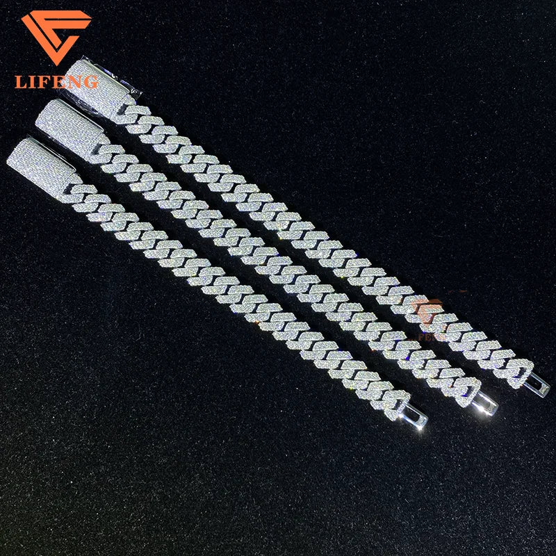8mm 10mm 12mm 14mm Moissanite Cuban Link Chain 2-Row 925 Solid Sterling Silver  Hip Hop Bracelet VVS Moissanite Diamond for Gift