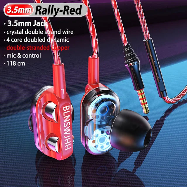 Dual Drivers Wired Earphone Four Core Dynamic HIFI Earphone Super Base Line Control With Mic Speaker Headsets for Huawei Xiaomi