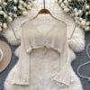 Small Fragrance square Neck Double Breasted Puffy Sleeve Sweater Women's Slim All Match Irregular Base Top