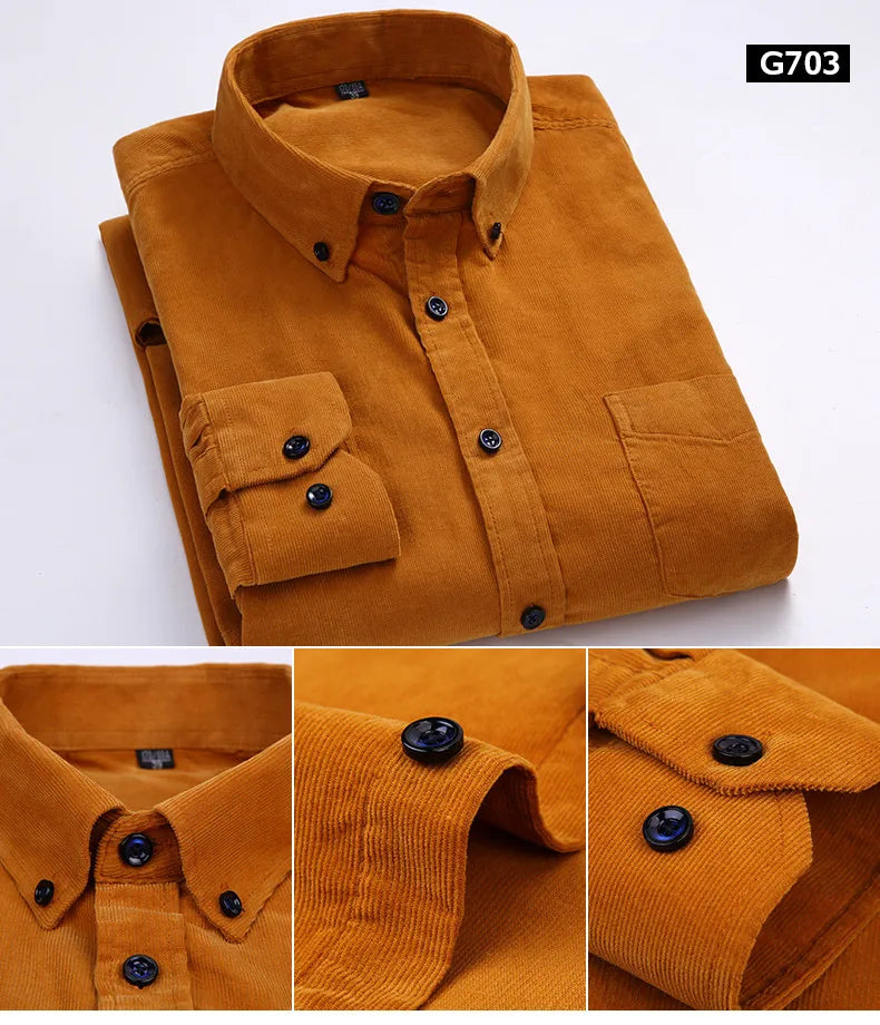 6XL Autumn/winter Warm Quality 100%cotton Corduroy long sleeved button collar smart casual shirts for men comfortable