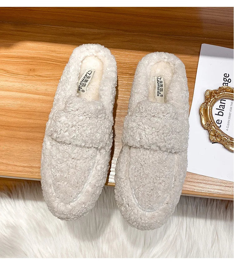 Winter Warm Plush Mules Women One Band Fur Slippers Cozy Cotton Shoes Woman Flats Cover Toe Fleeces Slides Femme Wool Pantuflas