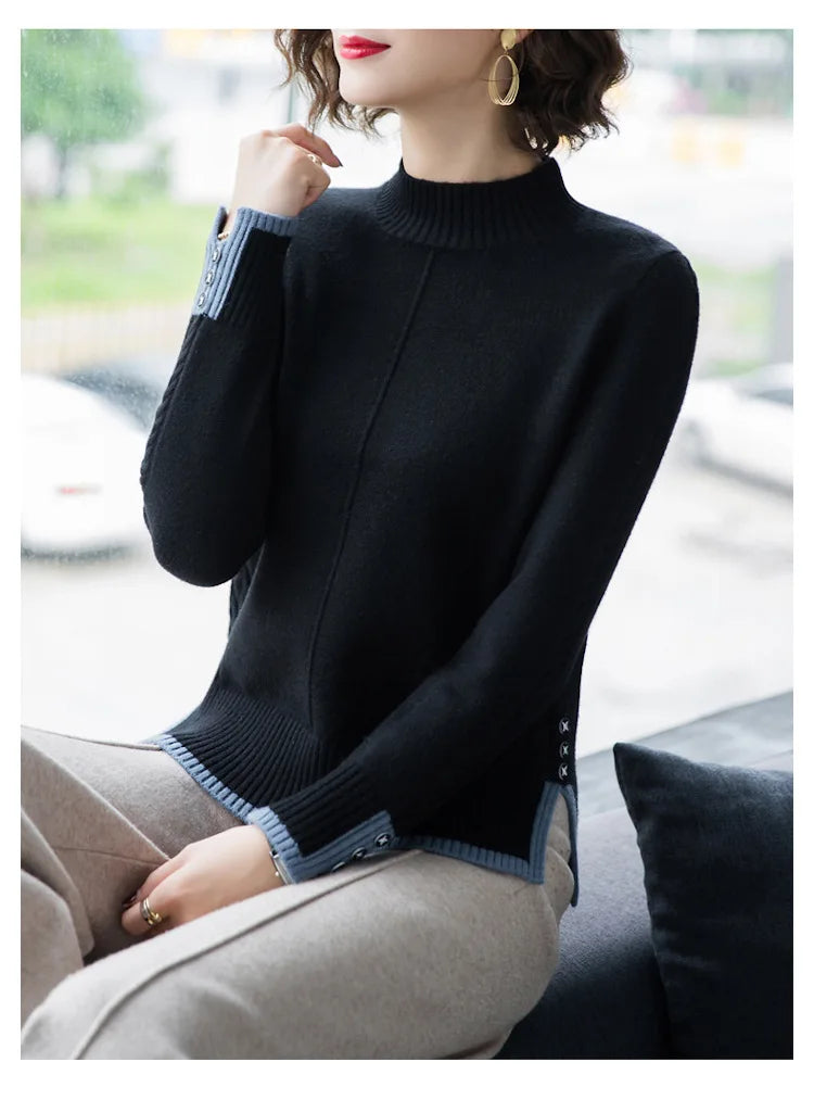New Korean Women Base Sweater Loose Contrast Color Ladies Half High Neck Split Spring Autumn Pullover Sweaters Pull Tops Femme
