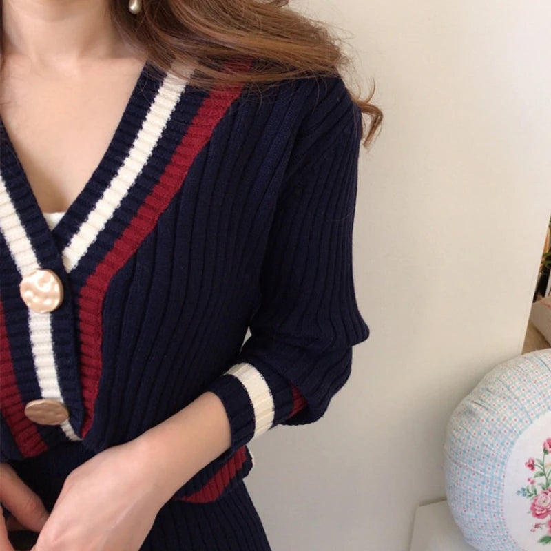 Wholesale 2026 Autumn New Temperament V-neck Bordered Contrast Color Knitted Cardigan Sweater and High Waist Mid-length Sets