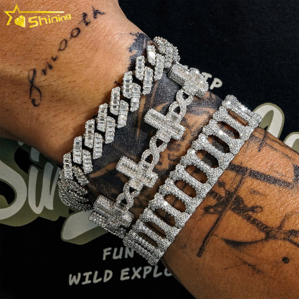 Hot Selling Pass Diamond Tester 925 Sterling Silver 10mm 15mm  20mm Moissanite Cuban Link Chain Mens Cuban Bracelet