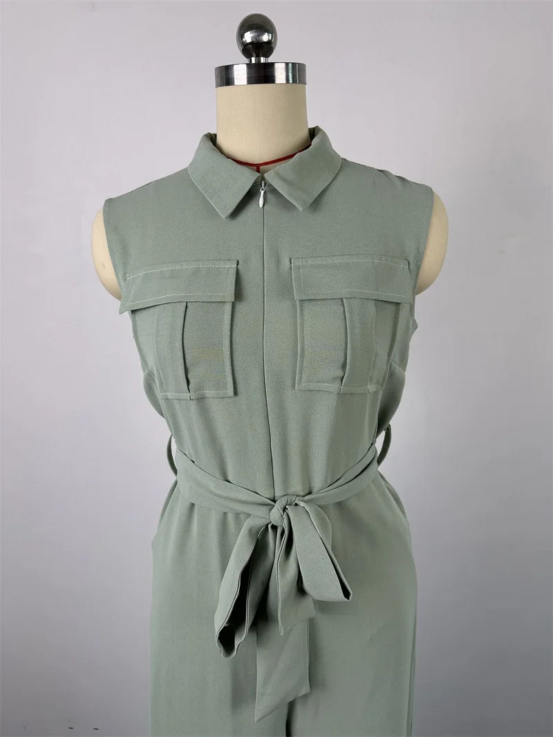 New Fashion Solid Lapel Neck Pocket Design Loose Wide Leg Sleeveless Cargo Jumpsuit Women